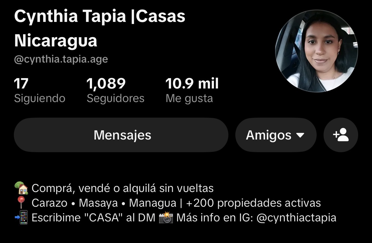 Perfil de Cynthia Tapia, caso aplicado en Bienes raíces